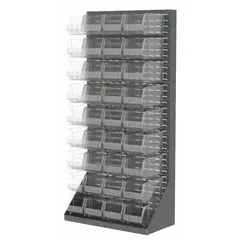 Floor-standing louvered rack with 36 clear Hang and Stack bins for organizing small parts, tools, or components. Gray powder-coated finish. One louvered side. Dimensions: 75 in x 36 in x 17 in.