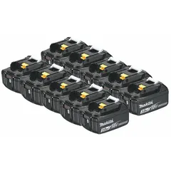 This 10-pack of LXT batteries provides 18V DC and 3 Ah capacity per battery. Tabbed design ensures secure connection in compatible Makita cordless tools. Suitable for powering drills, impact drivers, saws, and other cordless equipment in construction, woodworking, and maintenance tasks.