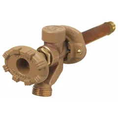 This standard-design sillcock features a brass body with a powder-coated finish and an aluminum handwheel handle. It has a 1/2-inch NPT inlet connection. Used for outdoor water access, such as garden watering or hose attachment on building exteriors.
