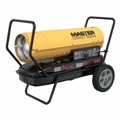 This direct-fired portable torpedo heater is wheel-mounted for mobility and covers up to 4,300 sq ft. It features a built-in air pressure gauge and thermostat for efficient operation. Overall dimensions are 45 in x 26 in x 24 in. Suitable for temporary heating in large, ventilated spaces such as construction sites, warehouses, and workshops.