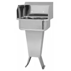 This one-station freestanding hand sink is constructed from 18-gauge stainless steel. It features a 17-inch long by 7-inch deep bowl with two faucet holes and an included side splash. Suitable for commercial kitchens, healthcare, and food service areas requiring handwashing stations.