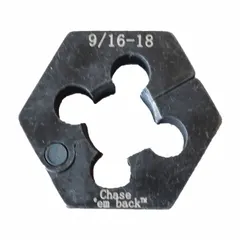 Steel thread repair die for cleaning or restoring damaged threads on wheel studs. Overall length 1-1/4 in, overall width 1-1/2 in. Includes one die. Used in automotive maintenance for rethreading wheel studs.