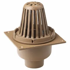 Primary roof drain with deck plate for removing rainwater from flat or low-slope roofs. Includes mounting screws. Cast iron dome. No Hub connection type. Overall height 11 3/4 in, overall width 8 3/4 in.