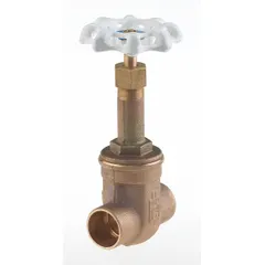 Bronze rising stem gate valve with sweat connections, solid wedge, and wheel handle. Rated 300 psi CWP. Suitable for potable water systems in residential and commercial plumbing for on/off flow control.