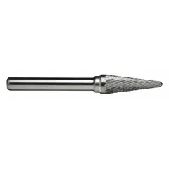 Double-cut ball-nosed cone bur with 3/8" x 1 1/16" head and 1/8" shank. Trade number SL-3. Used for material removal, deburring, and shaping in metalworking applications such as die grinding, mold finishing, and weld preparation.