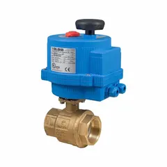 Brass two-way ball valve with electric actuator for automated on/off flow control. Features manual override and ISO 5211 actuator mounting pad. Suitable for water, oil, and gas applications in HVAC, process control, and irrigation systems.