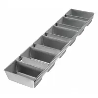This open top bread pan is constructed from aluminized steel for even heat distribution. It features 6 slots, each with an overall width of 6 inches and depth of 2 1/4 inches, in a silver finish. Suitable for baking multiple loaves simultaneously in commercial or high-volume kitchen settings