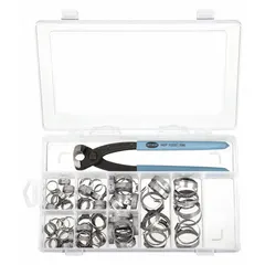This assortment includes single-ear clamps made from 304 stainless steel, supplied in a plastic case. The clamps are used for securing hoses and tubes in fluid and air systems, providing a permanent, leak-proof seal. Suitable for applications such as pneumatics, hydraulics, and material handling.