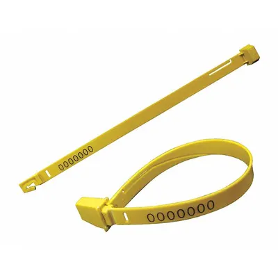 ELC SECURITY PRODUCTS Strap Seals: Yellow, Plastic, 7 1/2 in Strap Lg, 3/8 in Strap Wd, 75 lb Breaking Strength - Plastic Tearaway Strap Seals