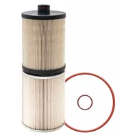 Cartridge-type diesel fuel filter with paper media. Outside diameter 5 7/8 in, inside diameter 1 3/16 in. Includes three O-rings. Interchanges with FleetGuard FS53014. Used in fuel systems of Cummins buses to remove contaminants from diesel fuel