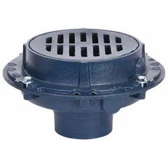 Cast iron area drain with 12-inch grate and 2-inch nominal pipe size. No hub connection type. Includes frame. Used for floor drainage in commercial and industrial settings to collect and remove surface water.