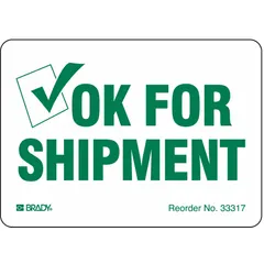 White label measuring 2 7/8 in x 4 in, printed with 'Ok for Shipment' message. Supplied in a 100-pack, 100 labels per roll. Used to indicate packages approved for shipment in logistics and receiving operations.