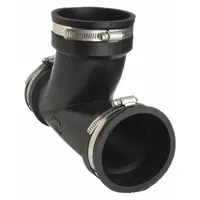 Flexible transition pipe fitting for 4 in iron, PVC, or steel pipe. Constructed with stainless steel and PVC, rated for above-ground use. Overall length 12 29/32 in. Includes three clamps