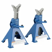 OTC 3-ton capacity light-duty jack stands with ratchet handle. Minimum height 12 in, maximum extended height 17 5/8 in. Steel square base and V-notch saddle. Sold as a pair (1 PR). Used to support vehicles during maintenance or repair