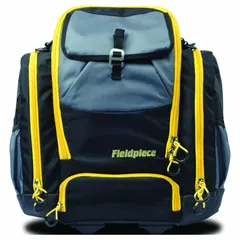 This black nylon tool backpack measures 14 inches wide, 6 inches deep, and 19 inches high. It includes one inside pocket for organizing tools and equipment. Suitable for carrying tools on job sites or during service calls.