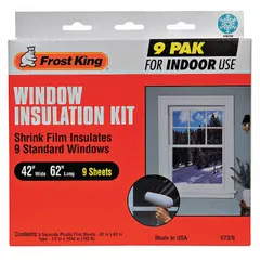 This polyolefin shrink and seal window kit includes 9 clear plastic film sheets, each 3.5 ft wide. The film is applied over window frames and shrunk tightly with heat to reduce drafts and heat loss. Suitable for use in residential and light commercial buildings to improve energy efficiency during cold weather.