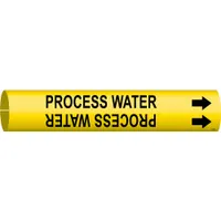 Yellow pipe marker with black legend reading 'Process Water' and directional arrows. Snap-on design fits pipe outer diameters from 3/4 to 1-3/8 inches. Used to identify process water lines in industrial piping systems