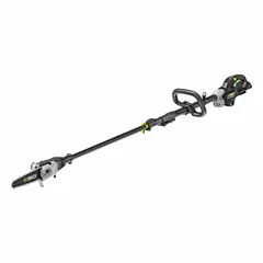The EGO PSX2510 is a 56 V battery-powered telescoping pole saw with a 10-inch blade. Its adjustable reach ranges from 1 1/16 ft to 12 1/2 ft, enabling pruning of tree branches and cutting of overhead vegetation without a cord.