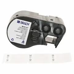 Precut label roll cartridge for BMP41 printer series. Contains 180 white matte self-extinguishing vinyl labels, each 1 1/2 in x 1 in. Designed for industrial identification on wires, cables, and small-diameter surfaces, with flame resistance suitable for electrical and panel labeling applications.