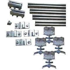 This track festoon kit includes a C-Rail track for supplying power and data to moving equipment. It is designed for round cable types and requires a minimum of 90 ft of cable or hose. The kit is suitable for use in material handling applications such as cranes and hoists.