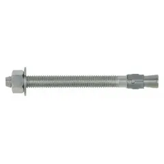 18-8 stainless steel wedge anchors for fastening into solid concrete. Each anchor has a 3/8 in diameter, 3/8"-16 thread size, and 1 5/8 in thread length. Supplied in a 50-pack with plain finish. Suitable for securing structural steel, machinery, and heavy equipment.