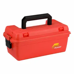 This plastic tool box from PLANO MOLDING features two compartments for organizing tools and parts. It is orange and includes a padlock for security. Typical applications include storing and transporting hand tools, small equipment, and supplies in workshops, job sites, or home storage.