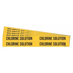 Yellow adhesive pipe marker with black legend reading 'Chlorine Solution'. Each pack contains 5 sets of 4 markers, fitting pipes with outer diameter 3/4 to 2-3/8 inches. Markers are supplied without arrows for general identification of chlorine solution lines in industrial piping systems.
