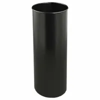 Round aluminum umbrella stand with satin black finish. Overall diameter 9 in, height 23 in. One-sided capacity holder style accommodates full-length umbrellas. Suitable for entryways in commercial or residential settings