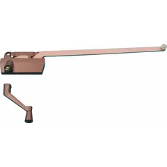 This right-hand surface-mount window operator is designed for casement windows. It includes a crank handle and features a 3-inch base length with an enamel-coated gray finish. The operator provides manual actuation for opening and closing windows in residential or light commercial applications.