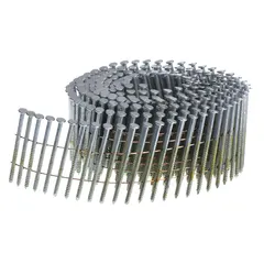 Collated framing nails for use in pneumatic nailers. 2-1/2" length, galvanized steel with flat ring shank and blunt point. Pack of 3,600 nails. Suitable for heavy-duty framing, siding, and sheathing applications in wood construction.