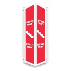 This V-shape projection stair way sign is designed for marking stairway exits or directional paths in industrial facilities. It features a nominal size of 24 in x 7 1/2 in, 0.06 in thickness, and mounting holes for secure installation on walls or doors. The sign is printed on one side, not retroreflective, and not glow-in-the-dark.