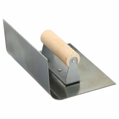 This cove trowel is used for applying and shaping radius cove in tile and masonry work, creating smooth concave curves at wall-to-floor junctions. It features a blue steel blade measuring 7-1/2 inches in length and 5-3/4 inches in width, with a 4-1/2 inch wood handle.