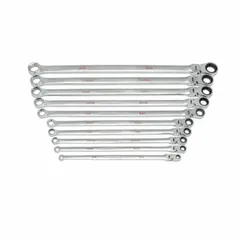 This 10-tool set includes SAE double-end 12-point ratcheting box end wrenches with head sizes ranging from 1/4 in to 3/4 in. Constructed of alloy steel with a chrome finish, the wrenches are organized on a tray for convenient storage. The ratcheting box ends allow fastener tightening and loosening in confined spaces without tool repositioning.
