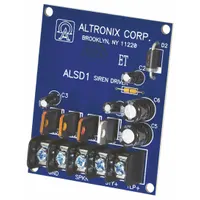 Siren driver accessory for power supplies, operating on 6/12V DC input. Constructed with phenolic/fiberglass material. Designed to generate audible signaling in security and industrial alarm systems
