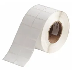 White rectangle precut label roll with two sizes: 3/4 in x 1 in and 1 in x 3/4 in. Designed for labeling 8.0 mL vials or tubes. Requires J20-CMY ribbon and is compatible with BradyJET J2000 printer series.