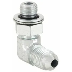 This steel hydraulic hose adapter features a rigid 90° elbow design with male NPTF threads on both ends. It is used to connect two male NPTF ports at a right angle in hydraulic systems, providing a dry-seal connection. Typical applications include fluid power and industrial machinery where space constraints require a compact fitting.