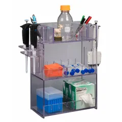 This clear PETG benchtop multi organizer provides three levels of storage for miscellaneous lab supplies. It mounts on a benchtop and measures 12 3/4 in length, 18 3/8 in height, and 6 1/2 in width. Suitable for organizing pipettes, tubes, or small tools in laboratory settings.