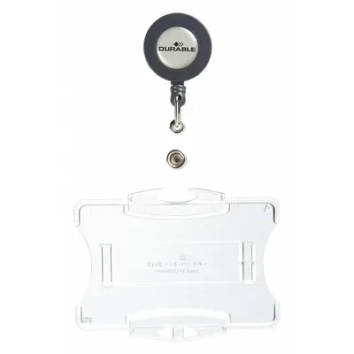 DURABLE Badge Holder: Pouch, Horizontal, 3 7/16 in Badge Pouch Wd, 2 1/8 in Badge Pouch Ht - Retractable Tethers for Badges