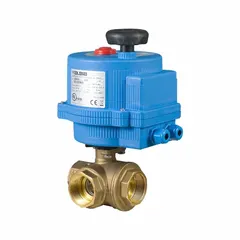 This T-port brass ball valve is electrically actuated for automated flow control. It features 1/2-inch FNPT connections on all three ports and operates on 100 to 240V AC. The valve includes an ISO 5211 actuator mounting pad and a manual override. Suitable for diverting or mixing flow in fluid systems.