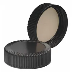 Black phenolic screw cap with rubber liner, designed for 38-400 mm glass or plastic containers. Autoclavable for repeated sterilization. Suitable for sealing media bottles, chemical containers, and general labware requiring a colored, reusable closure.