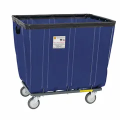This assembled steel basket truck features a permanent antimicrobial and mildew-resistant vinyl liner in Navy Blue. With a 15 cu ft capacity and 800 lb load rating, it measures 37 in L x 27 in W x 30 in H and rolls on (4) swivel casters. Suitable for transporting bulk materials, linens, or industrial parts in environments requiring hygiene.