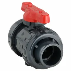 PVC ball valve with straight, one-piece body for on/off or flow control in water, chemical, or air piping systems. Rated to 230 psi CWP, it resists corrosion and is suitable for moderate-pressure industrial applications.