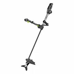 This battery-powered brush cutter features a 12-inch cutting width and a 62-1/5-inch straight shaft. The interchangeable head allows for use as an edger or trimmer. It is part of the EGO POWER+ battery platform and is suited for clearing heavy grass, weeds, and light brush.