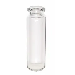 KIMBLE autosampler vial with 2 mL capacity, 12 mm body diameter, amber glass, round bottom, and self-standing design. Supplied without closure. Used for liquid sample storage and injection in automated chromatography systems.