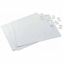 This 112-piece number label set features white, non-reflective Helvetica characters (0-9) on a white background. Designed for indoor/outdoor use, it is suitable for labeling equipment, panels, bins, and pipes. Characters are not self-spacing or aligning.