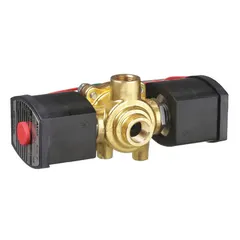 This 4-way/2-position configurable solenoid valve features a 3/8 in pipe size and 120V AC voltage. It is equipped with an explosion-proof/watertight coil enclosure and a NAMUR mount for direct installation on pneumatic actuators. Suitable for controlling double-acting actuators in industrial automation and hazardous environments.