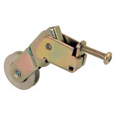 This roller assembly is designed for use in sliding screen doors, providing smooth operation within standard track systems. The component features an unfinished gray finish and measures 13/16 inch in overall height and 2 inches in overall length. It is suitable for replacement or maintenance of screen door hardware in residential or light commercial applications.