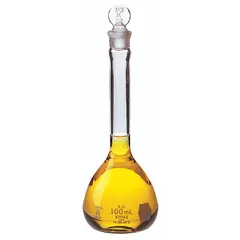This 1 L glass volumetric flask has a conical shape and colorless body. It meets USP Type I specifications, has a tolerance of ±0.30 mL, and includes a closure. Compatible with stopper size 22, the flask is used for precise liquid measurement and preparation of standard solutions in analytical and pharmaceutical laboratories.