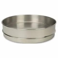 This stainless steel sieve pan has a 12-inch overall diameter and is designed for use with standard 12-inch test sieves. It collects fine particles that pass through stacked sieves during particle size analysis and material classification of powders, aggregates, and granular materials.