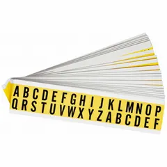 This 25-piece character set includes letters A to Z in a Gothic font, with black characters on a yellow background. Designed for indoor, non-reflective use, the labels are repositionable and suitable for marking panels, bins, or equipment. Character height is 5/8 inch; set is not self-spacing or aligning.